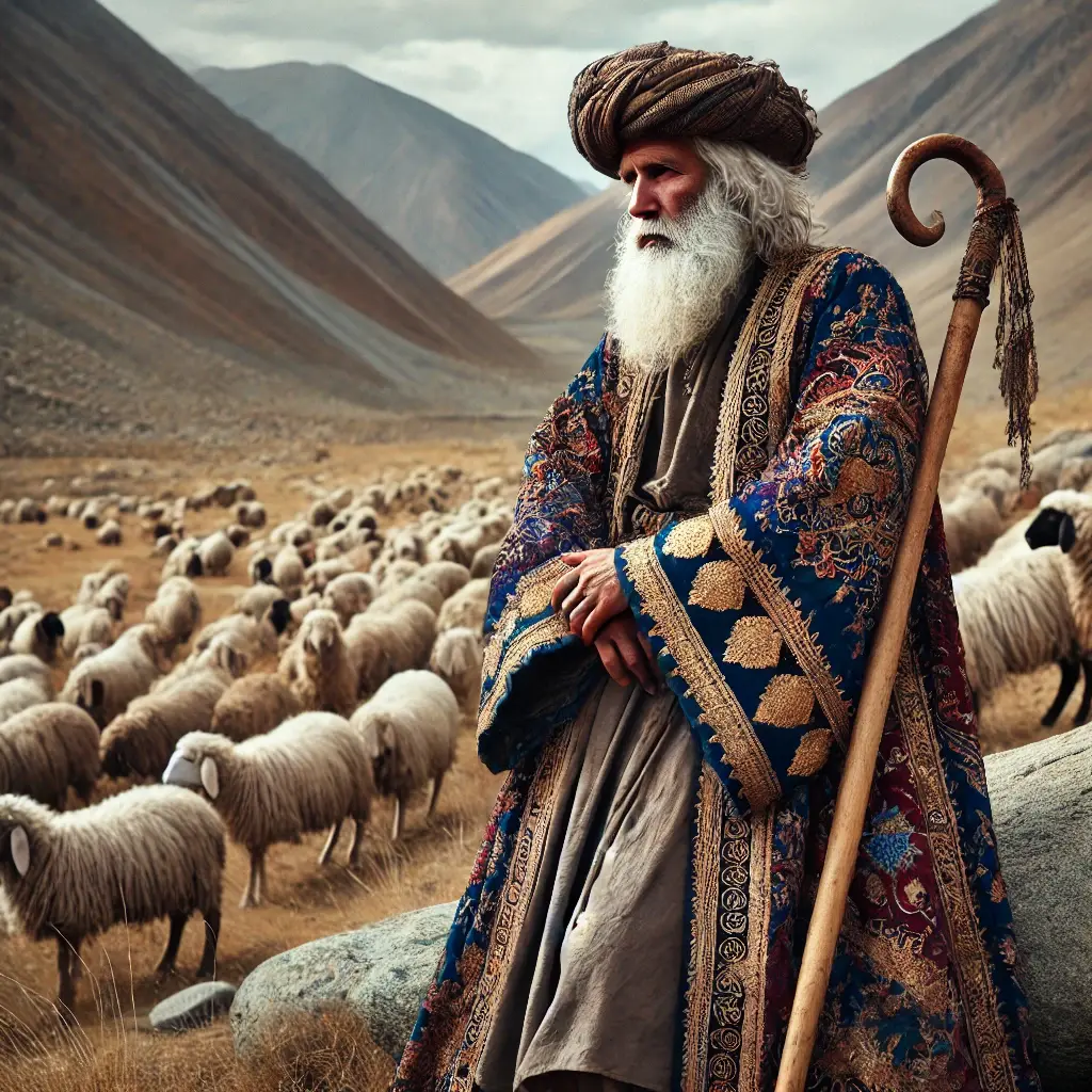 DALL·E 2024-12-23 21.23.44 - An ancient sheep-herder shepherd from the kingdom of Balkh, wearing a rugged shepherd's attire partially covered by a luxurious royal caftan that he f