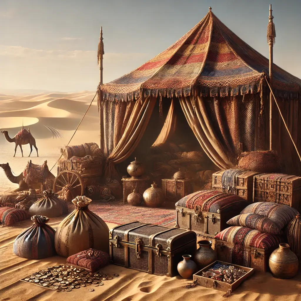 DALL·E 2024-12-23 21.59.18 - A photorealistic depiction of a large tent in the middle of a desert, with 12th-century Middle Eastern vibes. The tent is made of richly woven fabric