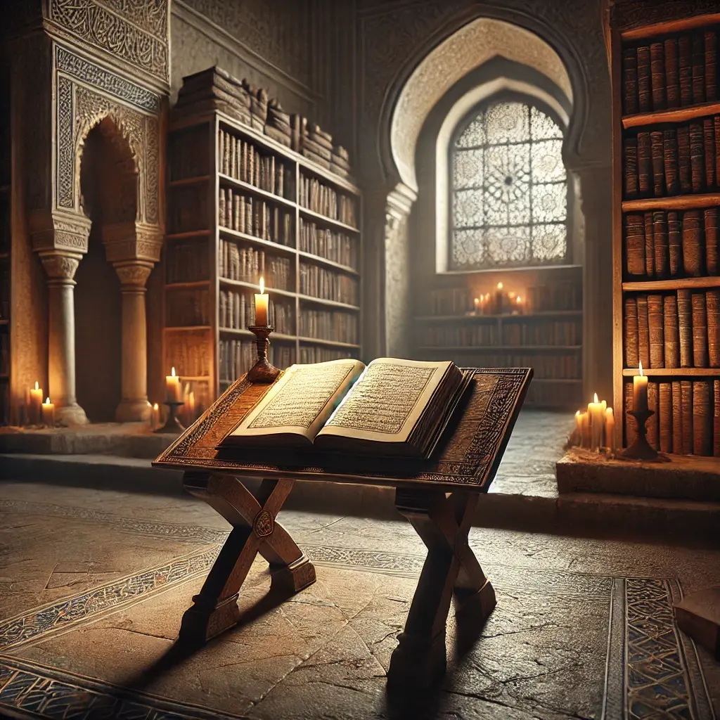 DALL·E 2024-12-23 22.15.37 - A photorealistic depiction of a madrasa room from the 12th century. The focus is on an open book placed on a short wooden reading table, illuminated b