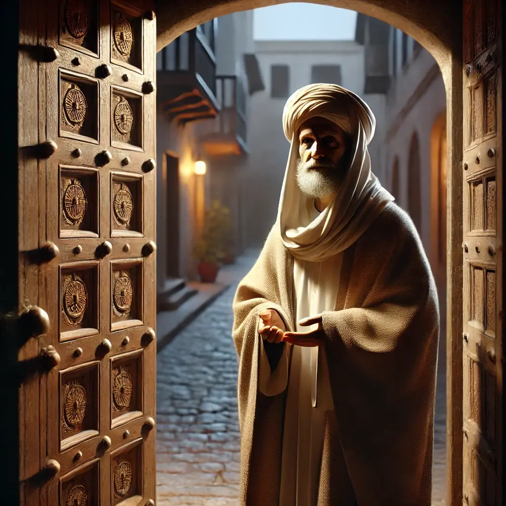 DALL·E 2024-12-23 22.38.26 - A photorealistic image of an elderly man standing outside a partially open wooden door, dressed in traditional Middle Eastern attire with a simple clo